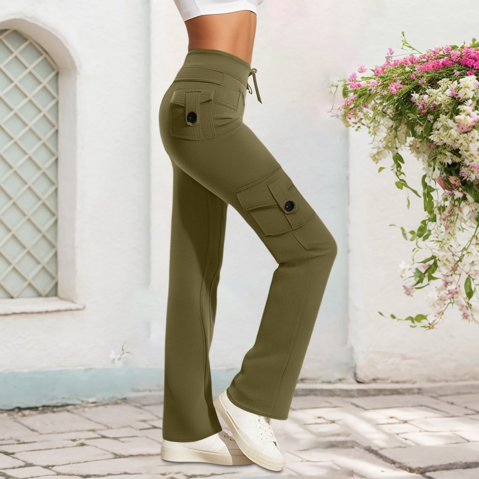 thumbnail image 2 of Pantalones casuales de mujer con pierna recta, cordón y cuatro bolsillos: cómodos para el día a día, estilo versátil, poliéster y spandex, todas las tallas., 2 of 5